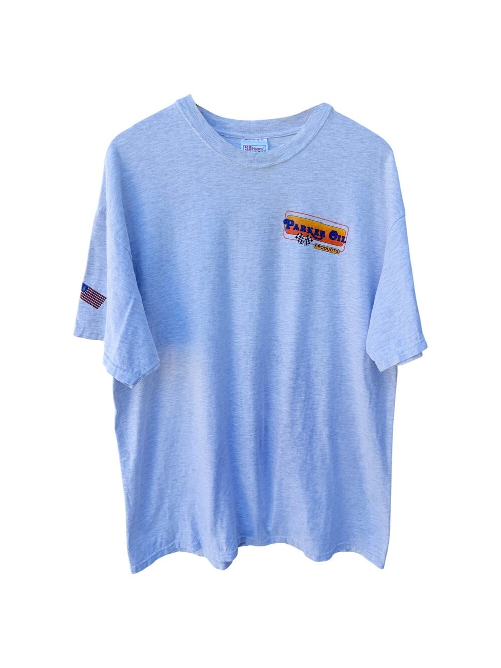 Parker Oil T Shirt Mens XL Gray Graphic Racing USA Flag
